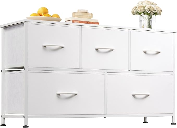 WLIVE Wide Dresser for Bedroom, 5 Drawer Chest of Drawers, White | 5 roomy fabric drawers, Wide storage design, Bedroom or closet use, Sturdy steel frame, Smooth wood tabletop