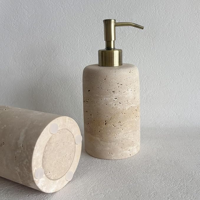 Natural Marble Vintage Stone Refillable Bathroom Liquid Dispenser 165ml Lotions Soap Container Stainless Steel Pump Head (Beige Travertine)