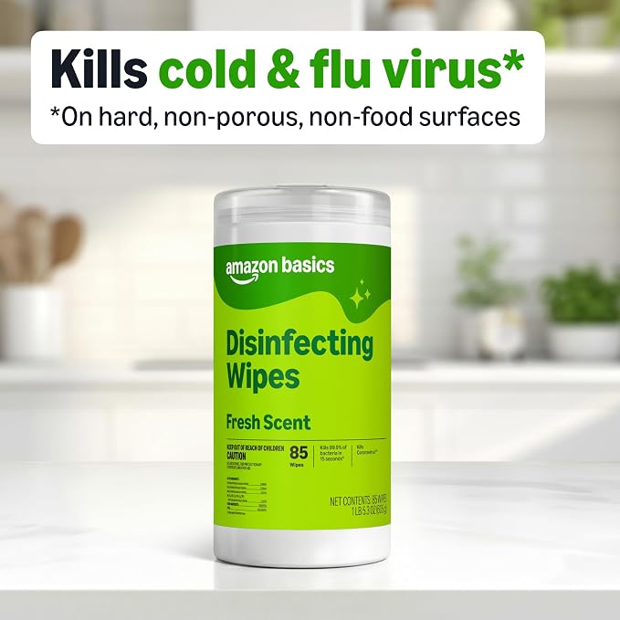Amazon Basics Disinfecting Wipes, Fresh scent, Sanitizes, Cleans, Disinfects, Deodorizes, 85 Count: Pallet of 480 (80 x 6-pack), Packaging May Vary