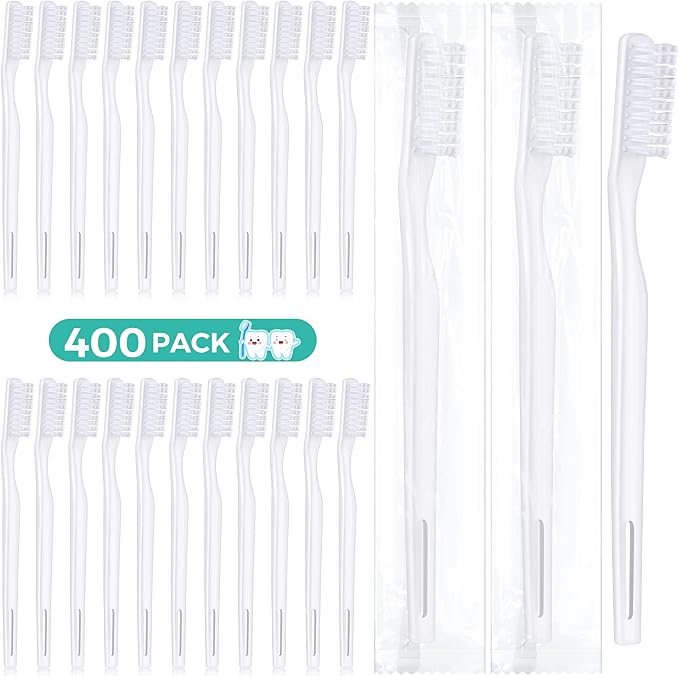 Disposable Toothbrush Bulk, White, 400 Pack, Adult | Individually Wrapped, Hard Bristle, Manual, Travel, Single Use