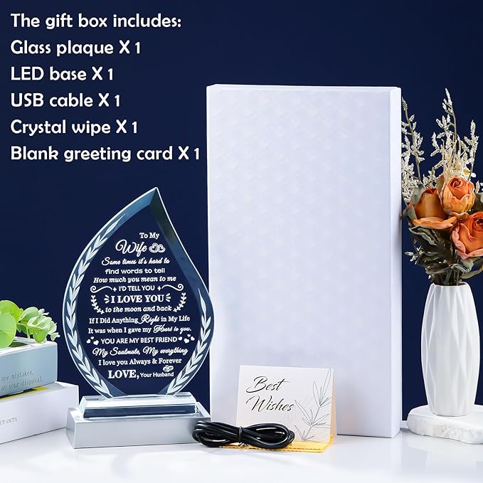 QIANWEI Mothers Day Gifts for Wife I Love You for Her Glass Plaque Keepsake Wife Romantic Gifts from Husband Anniversary Birthday Christmas Presents for Women with Colorful Led Base
