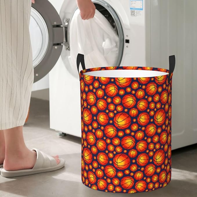 Retro Basketball Laundry Hamper Laundry Basket Circular Hamper Dirty Clothes Storage with Handles