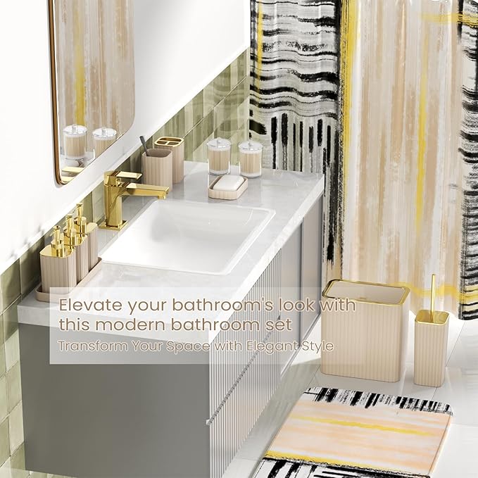 Bathroom Set - Bathroom Accessory Set, Beige Bathroom Set, 26PC Bathroom Sets with Shower Curtain and Rugs, Toilet Brush, Trash Can, Qtip Holder & Bathroom Soap Dispenser Set