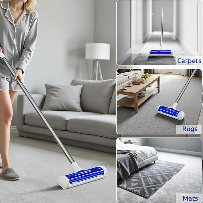 ACE2ACE A3 Pro Carpet Roller for Pet Hair, Carpet Pet Hair Removal Tool, Reusable Large Lint Rollers, 5 Feet Long Handle No Bending No Kneeling, Cat Dog Hair Remover for Carpet, Rugs, Mats, Royal