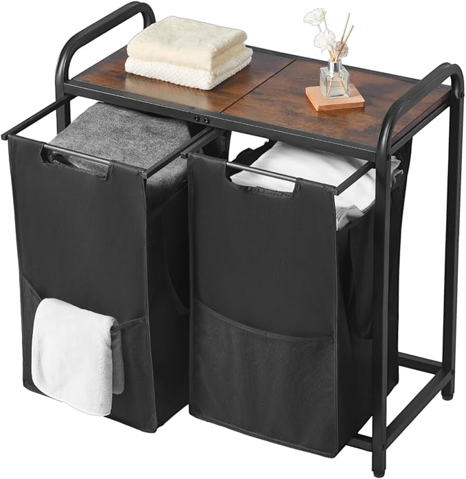 VEVOR 2 Section Laundry Sorter, Large Laundry Hamper with Metal Frame and Wooden Tabletop, Freestanding Storage Organizer Baskets with Pull-Out 600D Oxford Cloth Bags for Dirty Clothes, Bathroom