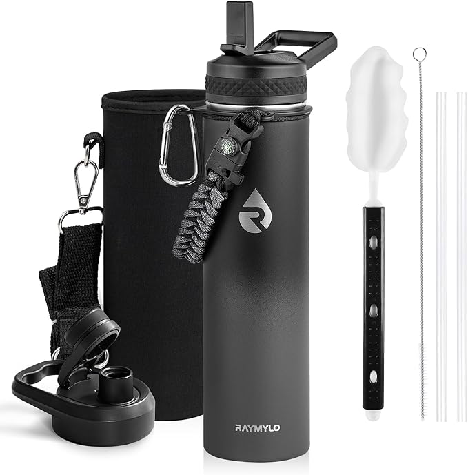 RAYMYLO Insulated Water Bottle 24 oz, Triple Wall Vacuum Stainless Steel (Cold for 24Hrs, Hot for 12Hrs), Leak Proof & Non-BPA, Modern Water Flask Jug with Paracord Handle & Straw Spout Lids
