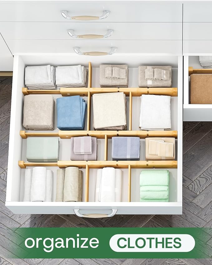 kiplant Kitchen Drawer Dividers - Adjustable Drawer Organizer for Clothes, Kitchen, Closet & Office - 8 Pack with Inserts, 18-22.6 Inches, Non-Slip Silicone Ends