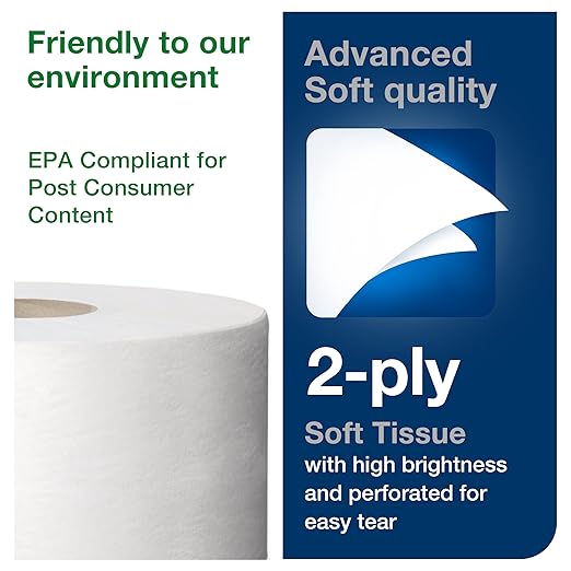 Tork Mini Jumbo Bath Tissue Roll - Toilet Paper Towels with Advanced Soft Quality, Compatible with T2 Tork Dispenser, 12 rolls x 1075, 2-Ply Sheets, Color: White, 11020602