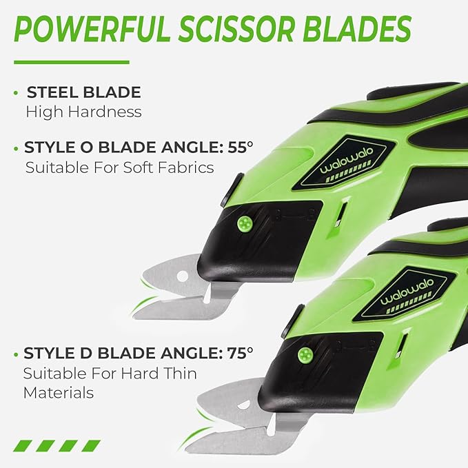walowalo Electric Fabric Scissors Box Cutter 2 Rechargeable Batteries 2 PCS Blades for Crafts Sewing Cardboard Scrapbooking Leather 4V Li-Ion Power Cordless Shears Cutting (Fast Charge) + Tool Kit