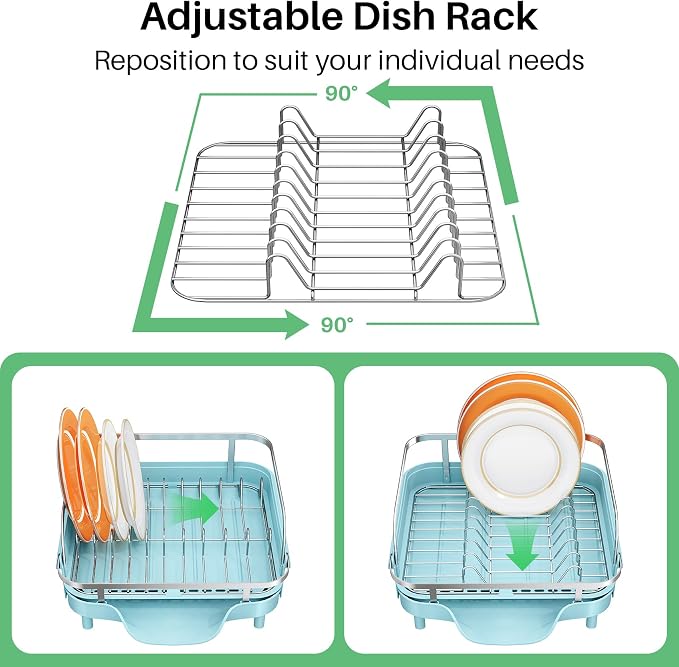 SNTD Dish Drying Rack, Expandable Dish Rack for Kitchen Counter, Stainless Steel Dish Drainer with Drainboard Set and Utensil Holder (Blue)