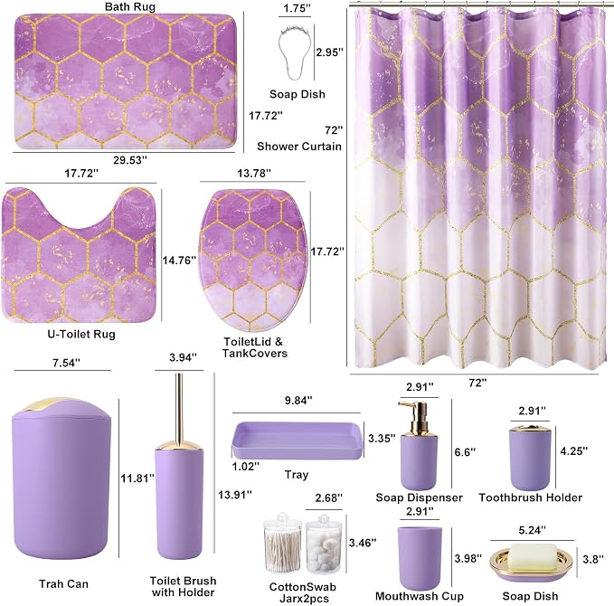 25 Pieces Bathroom Set Purple and Gold Bathroom Accessories Set, Shower Curtain and Rugs, Trash Can, Toilet Brush, Soap Dispenser, Soap Dish, Toothbrush Holder, Tumbler, Tray, Qtip Holder