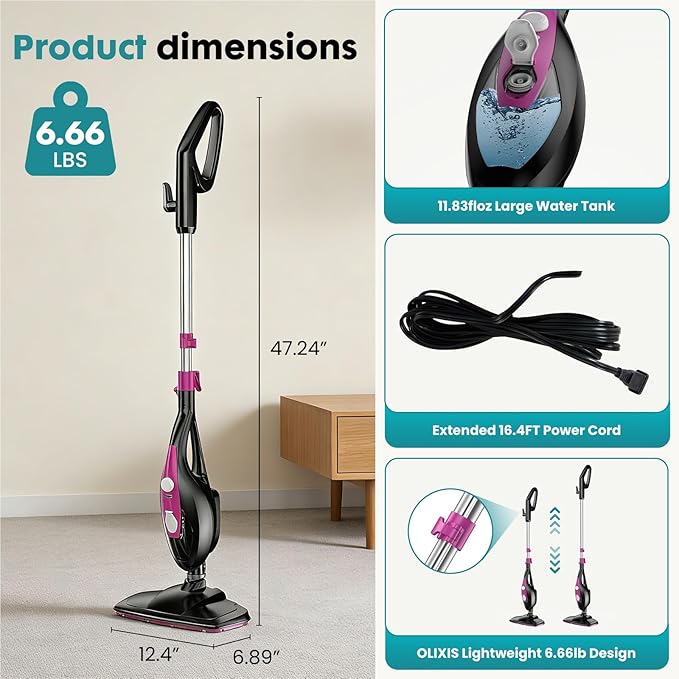 OLIXIS 10-in-1 Steam Mop, 1550W Detachable Handheld Steam Cleaner for Floor Cleaning, 16FT Cord, 2 Washable Pads, Multi-Purpose Floor Steamer for Hardwood, Carpet, Tile, Grout, Windows, Black Pink