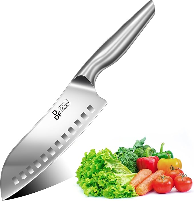 Chef Knife 7 Inch, High-Carbon Stainless Steel Santoku, Dishwasher Safe | Japanese Kitchen Knife with Ergonomic Hollow Handle, Ultra Sharp Santoku Knife for Chopping, Silver