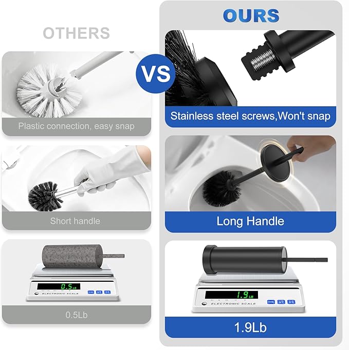 2 PCS Black 304 Stainless Steel Toilet Brush and Holder Set, Long Handle Deep Cleaning Toilet Scrubber with Splash Protection, Weighted Base & Non-Scratch Sponge, Minimalist Bathroom Accessory