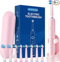 Rotating Electric Toothbrush for Adults, 8 Brush Heads (2 Types) & Travel Case, 5 Cleaning Modes Rechargeable Power Toothbrush with 2-Minute Smart Timer, Pink