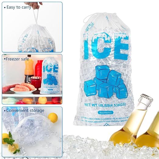100 PACK 10 lb. Drawstring Ice Bags 12 x 21 Inch Heavy-Duty | Plastic Ice Bags with Cotton Drawstring (2mil Thickness, Design of The Ice Pattern)