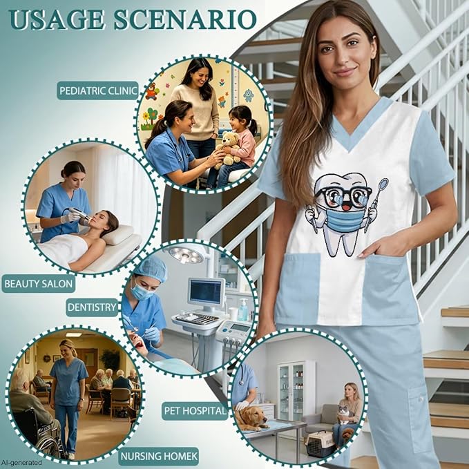 Gomyblomy Women's Scrubs Suit 3-Piece Set | Teeth Print V-Neck Top & Pants & Cap, Breathable and Stretch Fabric, S-5XL