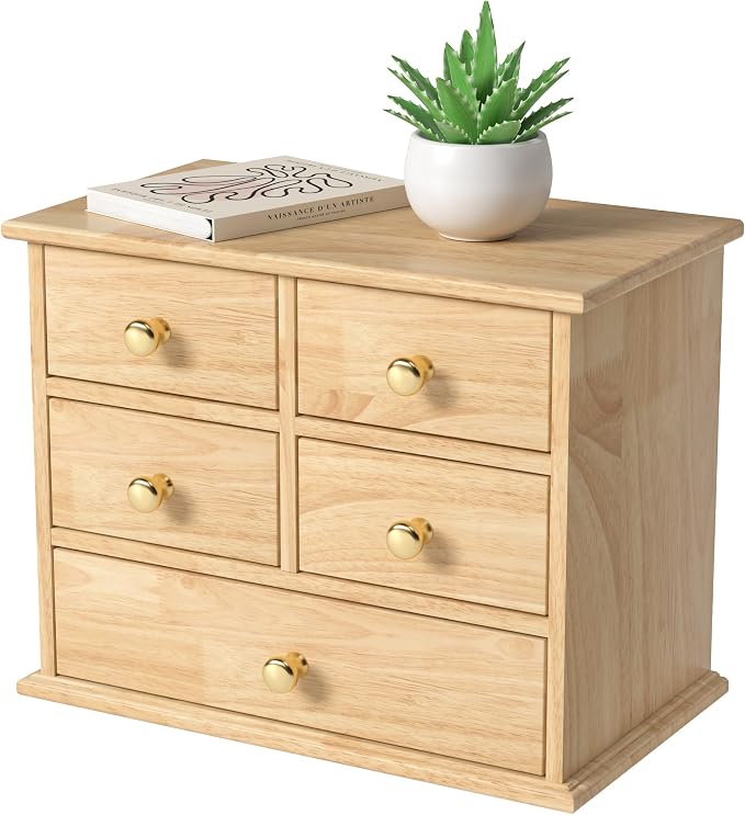 Oak Desk Organizer with Drawers, Wooden Desktop Storage Box with Metal Handles & Non-Slip Silicone Pads, 5 Drawer Tabletop Organizer for Office, Bedroom, Bathroom, Vanity, and Makeup – Natural Oak