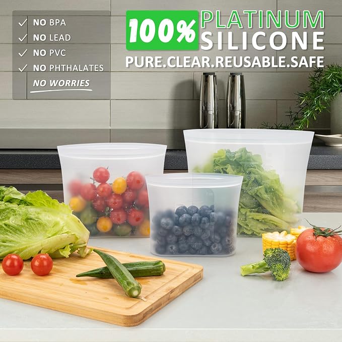 100% Platinum Silicone Reusable Food Storage Bags, 4 Pack, 34fl.oz/1000ml | Premium Silicone Reusable Storage Bag, Stand-Up Wide-Mouth Ziplock, Small Size, Freezer Microwave Dishwasher Safe, Clear