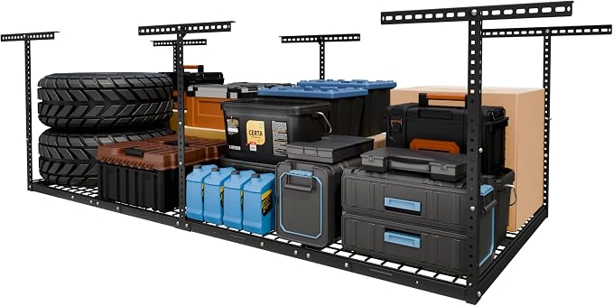 FLEXIMOUNTS 4x8 Overhead Garage Ceiling Storage Rack Organization, Black | 750lbs Weight Capacity, 22"-40" Adjustable Organization System, Heavy-Duty Metal Ceiling Racks, Classic Series