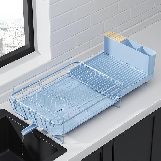 Kitsure Large Dish Drying Rack - Extendable Dish Rack, Multifunctional Dish Rack for Kitchen Counter, Anti-Rust Dish Drainers with Cutlery & Cup Holders 19.2"-26.7" L x 12.9" W, Blue