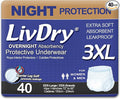 LivDry 3XL Overnight Adult Diapers for Women and Men, XXXL Incontinence Underwear, 72”-92" Waist, Disposable Pull-On Briefs, XXX-Large, 40 Count