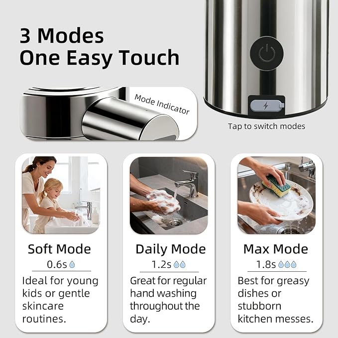 Automatic Soap Dispenser, 12 fl oz, Stainless Steel, Touchless, Silver | Liquid Hand Soap Dispenser, Variable Dispense, Rechargeable, No-Drip Spout, For Kitchen and Bathroom