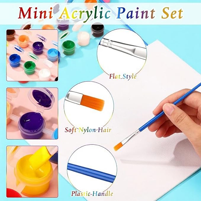 Qilery 840 Pcs Mini Acrylic Paint Set 60 Set 12 Colors Washable Paint Strips 60 Pcs Flat Brushes 60 Pointed Brushes for Arts Crafts Birthday Party Favors(2 ml)