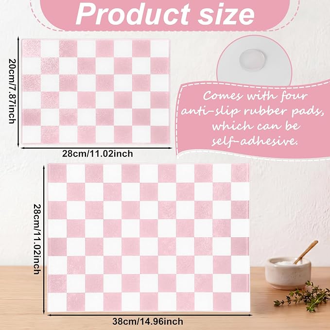 Thenshop Set of 2 Tempered Glass Cutting Boards Pink Check Countertop Cutting Boards Heat Resistant with Non-slip Feet for Kitchen Counter Housewarming Wedding Gift 7.9x11inch+11x15 Inch