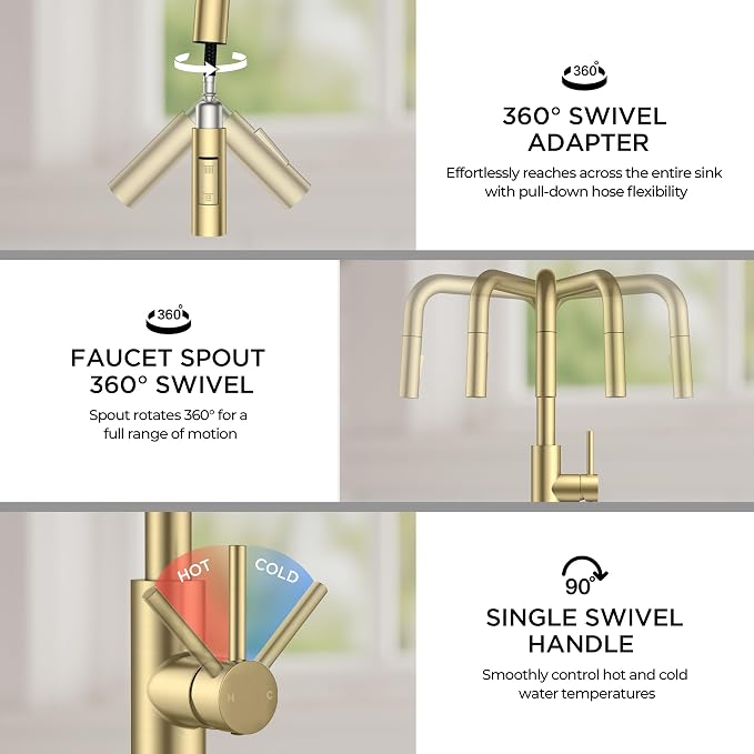 FORIOUS Kitchen Faucet with Pull Down Sprayer, Brushed Gold Single Handle U-Spout Stainless Steel Kitchen Sink Faucet, 1 or 3 Hole Deck Mount for RV, Bar, Farmhouse, Laundry, Outdoor