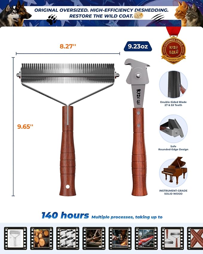Over-Sized 2-Sided Dog Brush For Shedding Undercoat Rake for Dogs & Cats & Horses, Remove Mats, Dematting Comb,Gentle Grooming Brush for German Shepherds Medium to Long-Haired Pets(African Padauk)