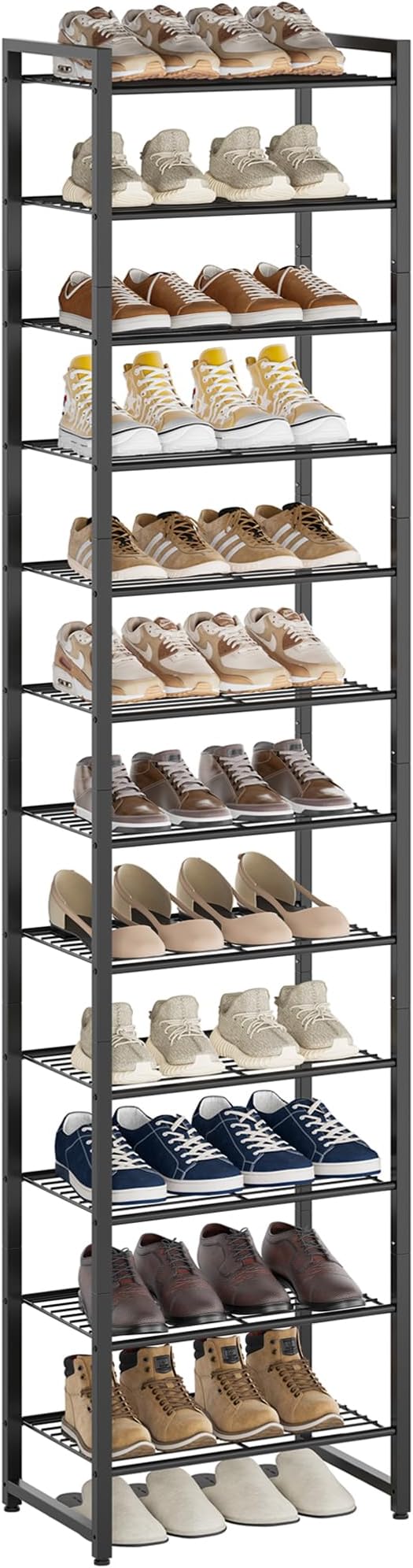 Nunsino Narrow Shoe Rack, 12-Tier Metal Shoe Organizer,Tall Shoe Shelf with Anti-Tip Strap, Max Holds 26 Pairs,Space Saving for Closet,Entryway,Black
