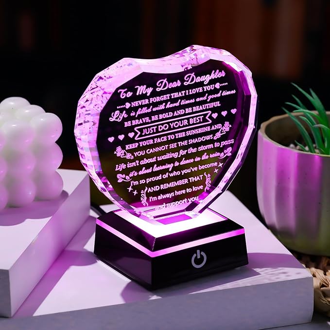 YWHL Meaningful Daughter Gifts from Mom Dad, Birthday Gifts for Adult Daughter Heart Crystal Keepsake with Colorful Light Base, to My Daughters Present on Christmas Graduation Valentine Day