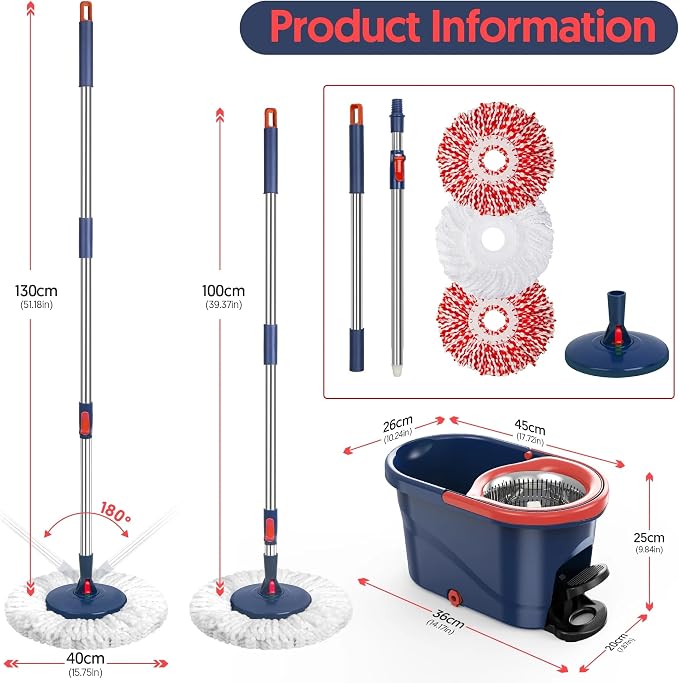 Spin Mop and Bucket with Wringer Set, 360° Rotating Microfiber Mop, Adjustable Handle, Hands-Free Wringing, Reusable Mop Heads (Red mop and Bucket + 5 mop Head)