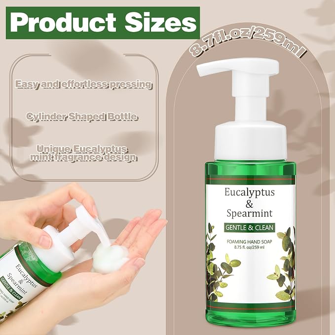6 Pack Eucalyptus Mint Foaming Hand Soap with Pump Care Moisturizing Liquid Gentle Scented Foam Hand Wash 2026 New Year Gifts for Kitchen Bathroom Family Teacher Staff 8.75 Fl. oz