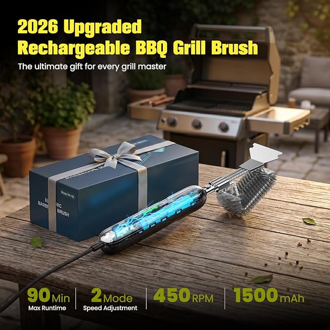 Electric Grill Brush with Scraper: 20kg High-Torque Power BBQ Grill Cleaner with 2-Speed, Reciprocating Clean, Reaches Grill Grate Sides & Corners, Gift for Dad/Men, Dual Mode (Auto/Manual)