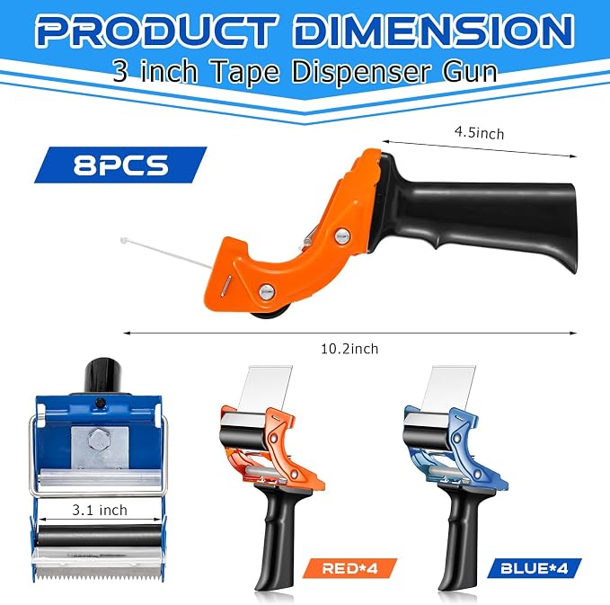 Jetec 8 Pcs 3 Inch Tape Gun Packing Tape Dispenser Gun with Blade Red and Blue for Packing Boxes Heavy Duty Lightweight Tape Sealing Cutter for Gift Wrapping Paper Cutter