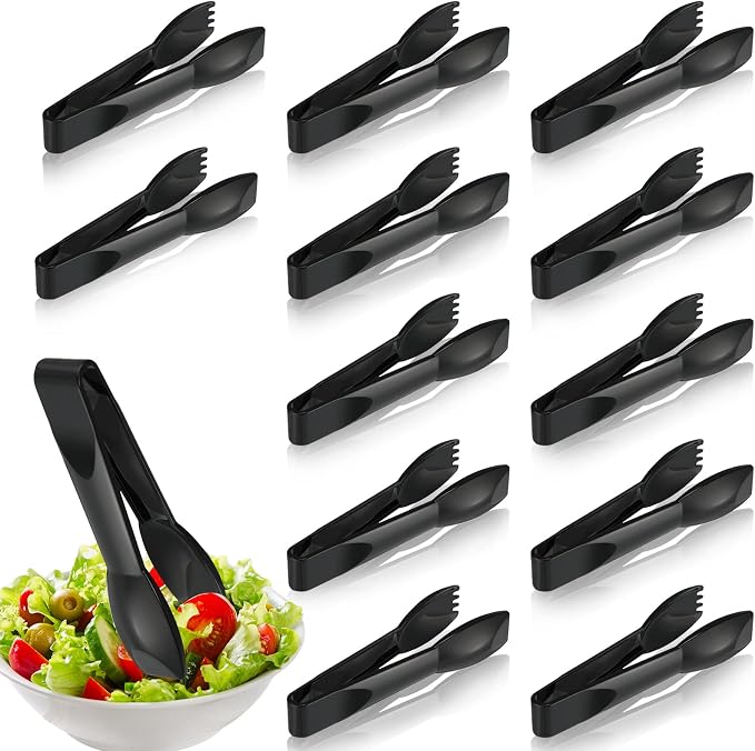 Patelai 12 Pcs 6 Inch Utility Tong Plastic Serving Tongs Bulk Scalloped Serving Utensils Charcuterie Accessories Heavy Duty Tongs for Cooking Appetizers Food Catering Dinner Party (Black)