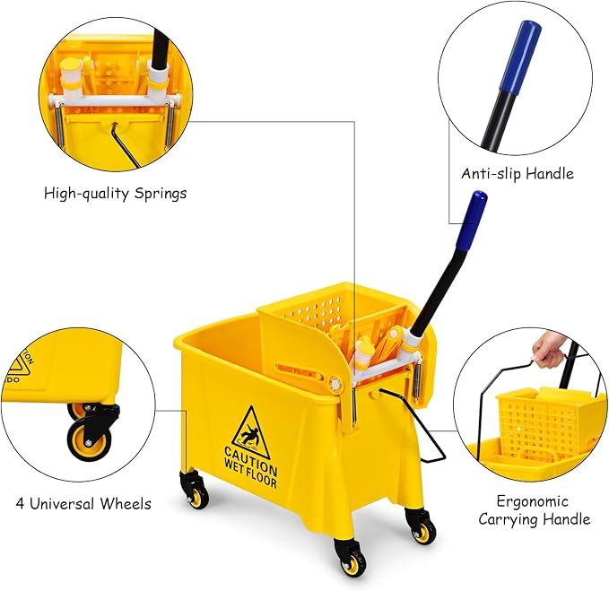 ARLIME Commercial Mop Bucket with Wringer, 21 Quart Capacity Portable Wringer Trolley, Side Press Floor Cleaning Wavebrake w/Handle, Small Mop Bucket on Wheels for Home, Industrial, Yellow | Portable Wringer Trolley, Side Press Floor Cleaning Wavebrake...