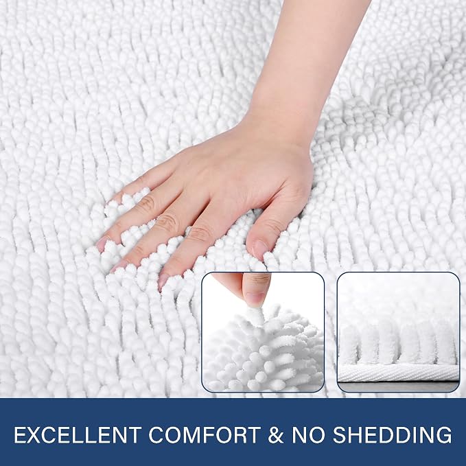 LOCHAS Luxury Bathroom Rug Shaggy Bath Mat 24 x 70 Inch, White | Washable Non Slip Bath Rugs for Bathroom Shower, Soft Plush Chenille Absorbent Carpets