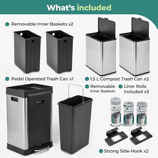 HOLDN’ STORAGE 32L Triple-Compartment Trash & Recycling Bin for Kitchen, 2 Removable Hook-On Bins, Multi-Access Opening, Odor Control, Stainless Steel, 3 Trash Bag Rolls Included