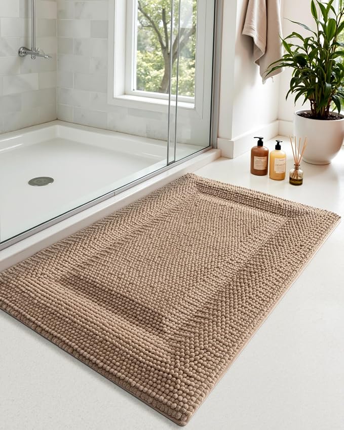 DEXI Bath Mats for Bathroom 43x24, Non Slip Washable Bathroom Rug, Thick Soft Chenille Absorbent Bathmat for Shower Floor, Fluffy Shaggy Carpet for Tub, Dark Beige