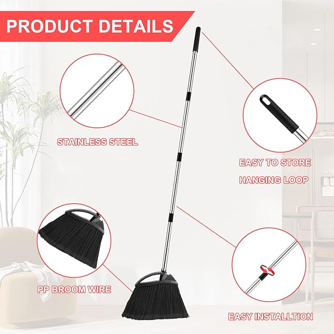 8 Pcs Heavy Duty Commercial Broom Bulk 52 Inch Indoor Outdoor Broom with Long Handle Heavy Duty Angle Broom with Four-Section Telescopic Rod for Garden Garage House Kitchen Office Floor