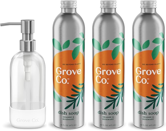 Grove Co. Ultimate Dish Soap Refill Set - 3 Liquid Pouches (16 Fl Oz) & Refillable Glass Dispenser with Non-Slip Silicone Sleeve for Kitchen Sink, Orange & Rosemary