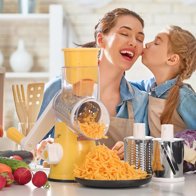 Cambom Rotary Cheese Grater Hand Crank Cheese Shredder for Fresh Cheese, Vegetable, Nuts,Non-slip Suction Base, Free Cleaning Brush Three Blades,Yellow