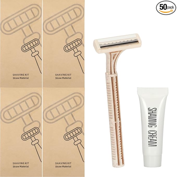 Eco-Friendly Wheat Straw Disposable Shave Kit - 50 Pcs Wheat Straw Razors and Shaving Cream(10g) Bulk, Individually Sealed for Hotel, Airbnb, Camping, Travel, Homeless, Shelters and Charities