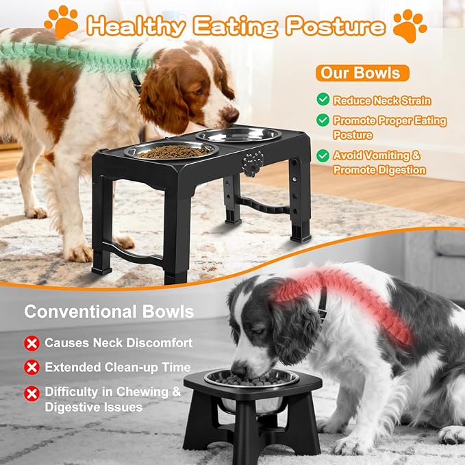COMESOON Elevated Dog Bowls, 5 Adjustable Heights (3.9"-13.4") Raised Dogs Food Bowl Stand for Medium Large Sized Dogs, Non-Slip Foldable Travel Pet Feeder Black with Stainless Steel Bowls