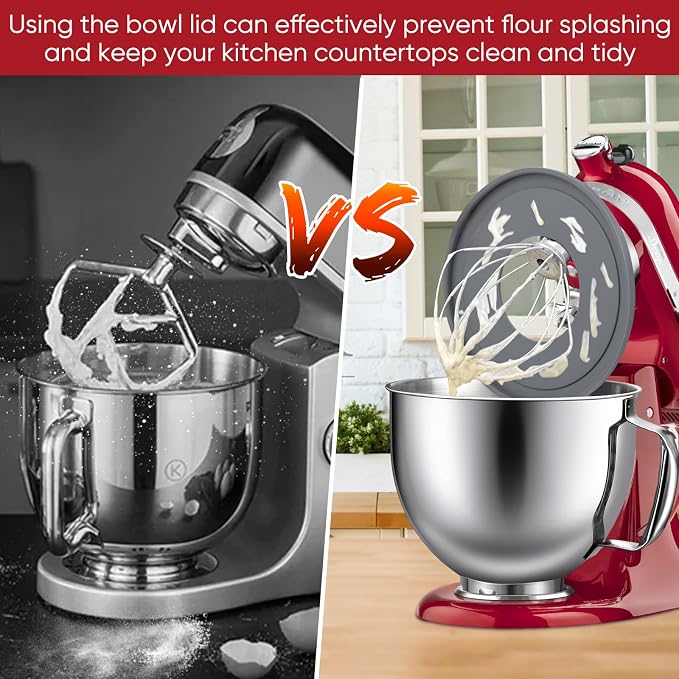 Stainless Steel Bowl Compatible with Kitchenaid Mixer 4.5/5QT，With Grey Lid,5 Quart Stainless Bowl for Kitchen Aid Mixing,With Green Lid