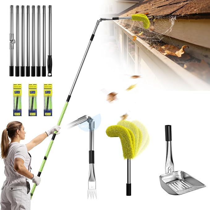 13ft Gutter Cleaning Tools from The Ground, 3-in-1 Gutter Cleaner with Replaceable Brush Rake Scoop, 180° Adjustable Rotating Stainless Steel Pole for Leaves & Debris Removal, Yellow