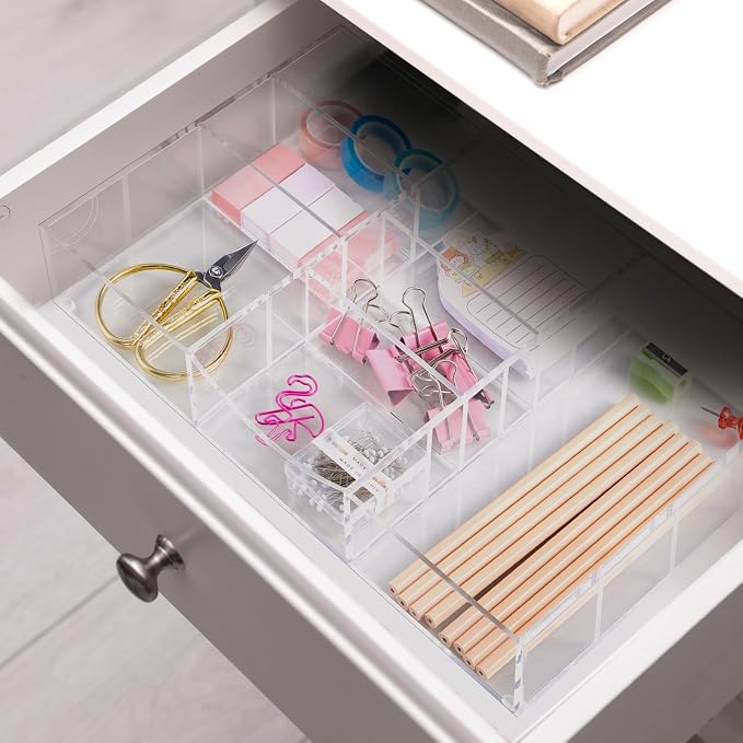 Briwooody Acrylic Drawer Organizer Clear Desk Drawer Organizer Trays with Adjustable Compartments Desk Accessories for Office Stationery Makeup Silverware Bathroom (Non Expandable)